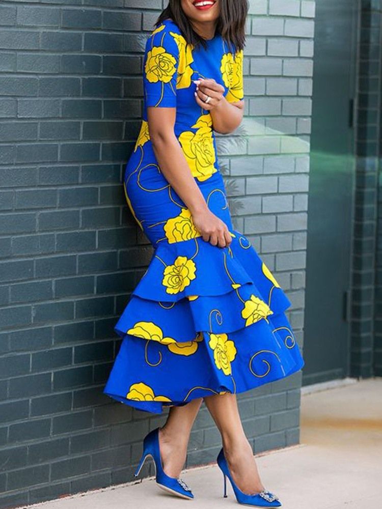 Kvinners Afrikanske Mote Ruffles Blomster Rund Hals Trykk Kjole
