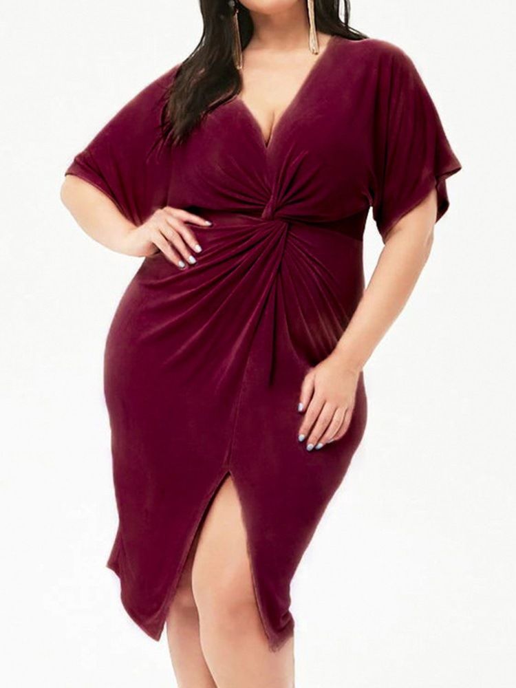 Regular Dress Med V-utringning Mid-kalv Delt Genser For Kvinner