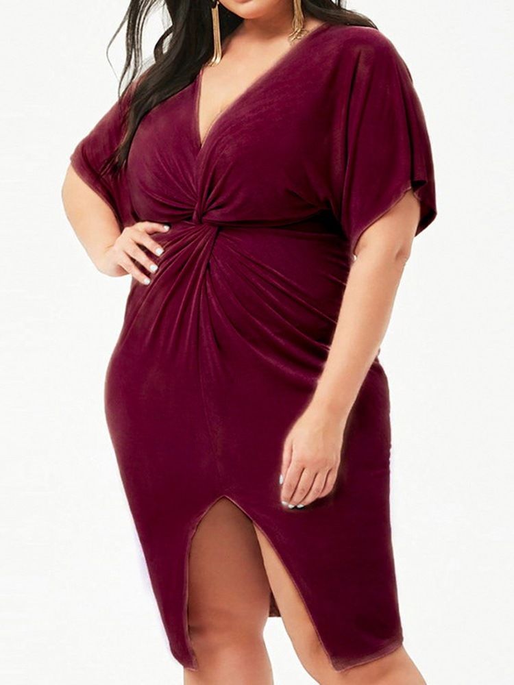 Regular Dress Med V-utringning Mid-kalv Delt Genser For Kvinner