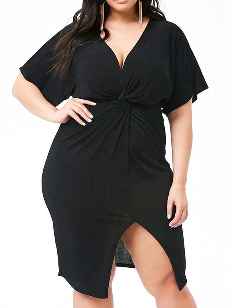 Regular Dress Med V-utringning Mid-kalv Delt Genser For Kvinner