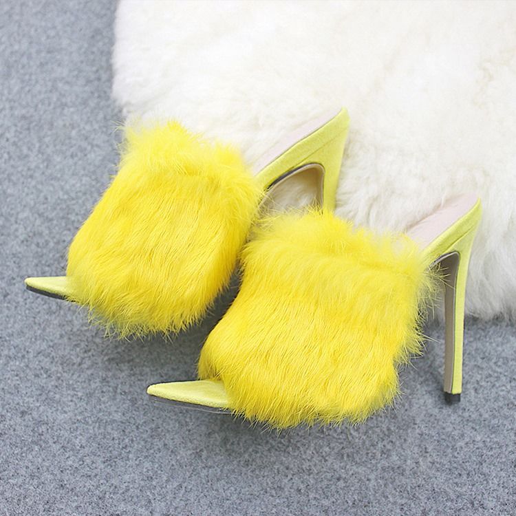 Faux Fur Flip Flop Stiletto Heel Kvinner Mules Sko