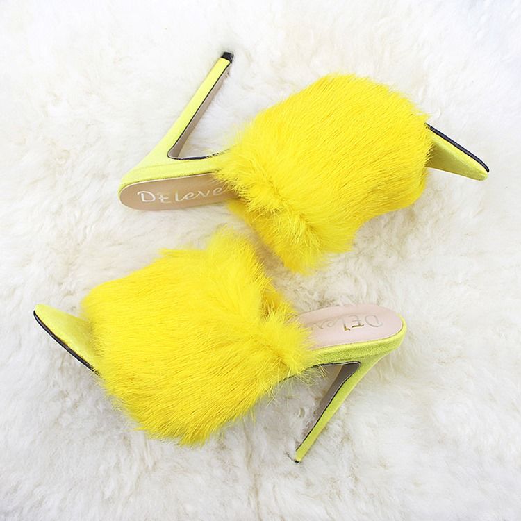 Faux Fur Flip Flop Stiletto Heel Kvinner Mules Sko