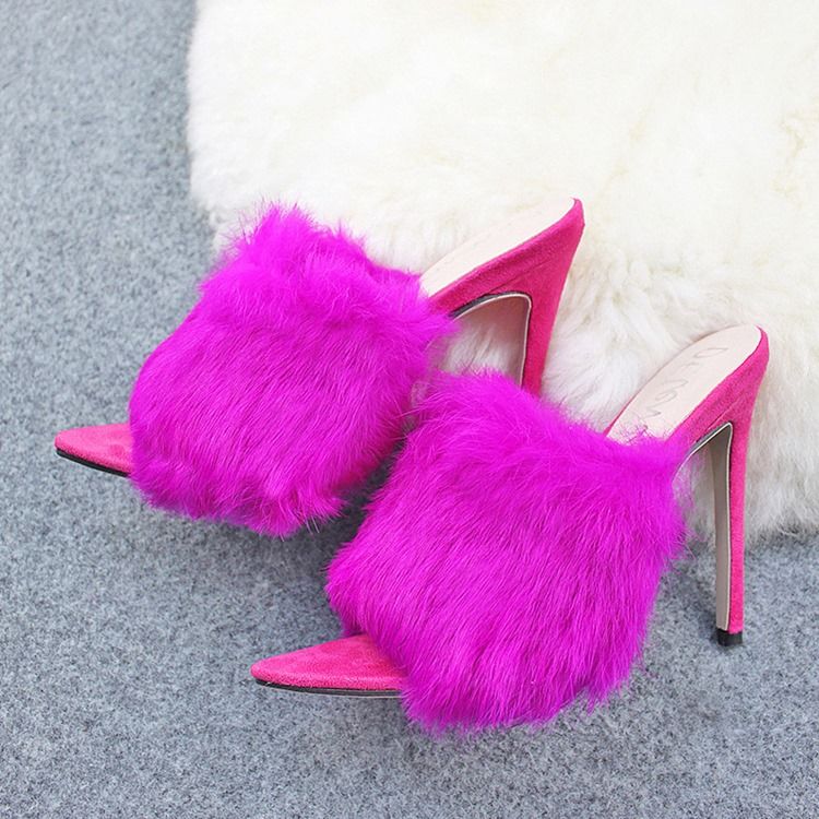 Faux Fur Flip Flop Stiletto Heel Kvinner Mules Sko