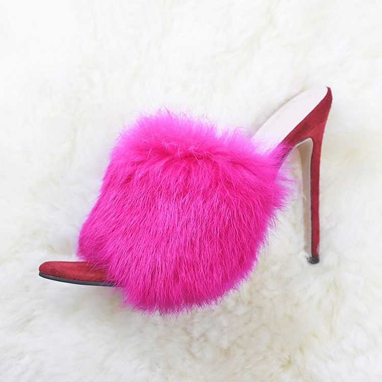 Faux Fur Flip Flop Stiletto Heel Kvinner Mules Sko