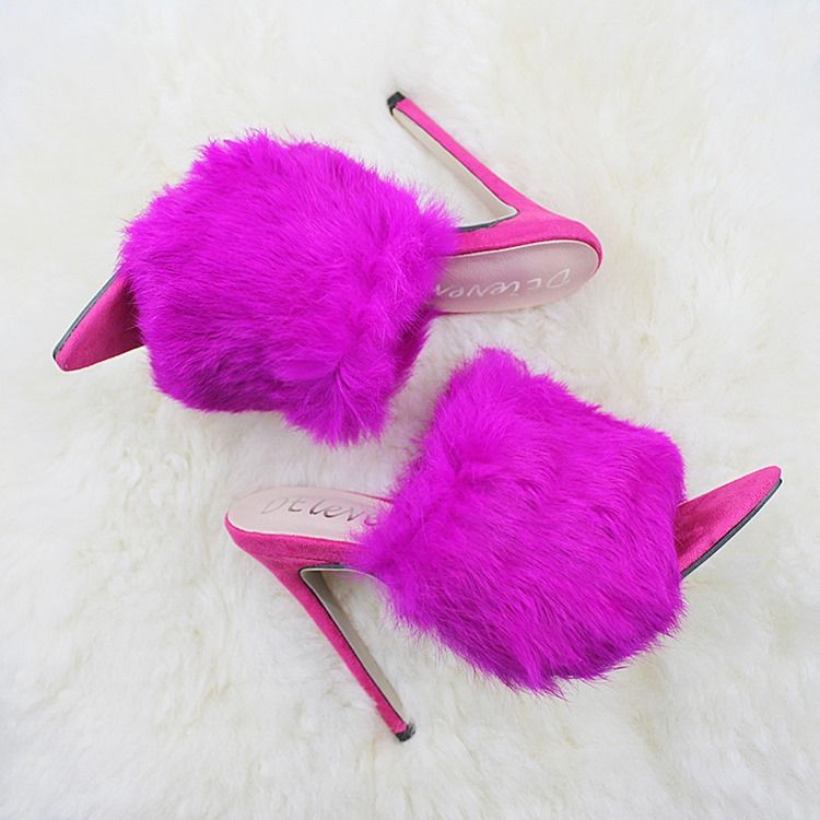Faux Fur Flip Flop Stiletto Heel Kvinner Mules Sko