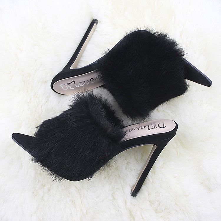 Faux Fur Flip Flop Stiletto Heel Kvinner Mules Sko
