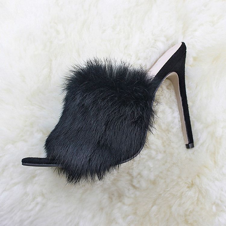 Faux Fur Flip Flop Stiletto Heel Kvinner Mules Sko