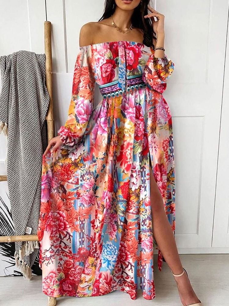 Trykk Langermet Gulvlengde Kontordame Pullover Kjole Blomstrete Maxikjole Strandkjoler For Kvinner