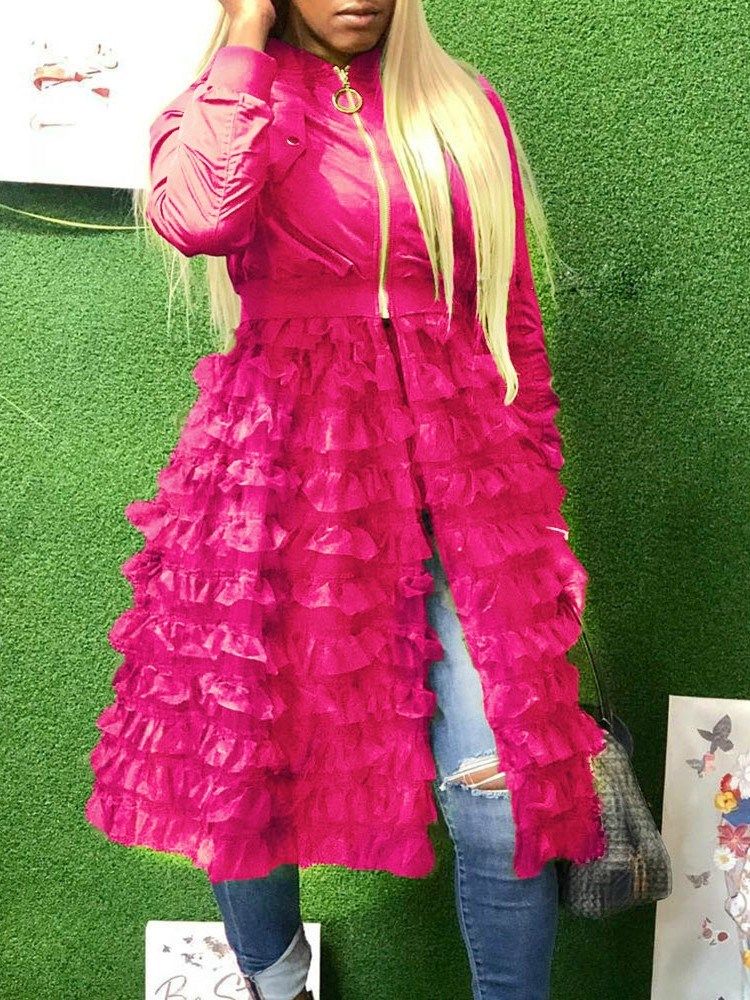 Mesh Glidelås Stativ Krage Fjær Hemline Peplum Trenchcoat
