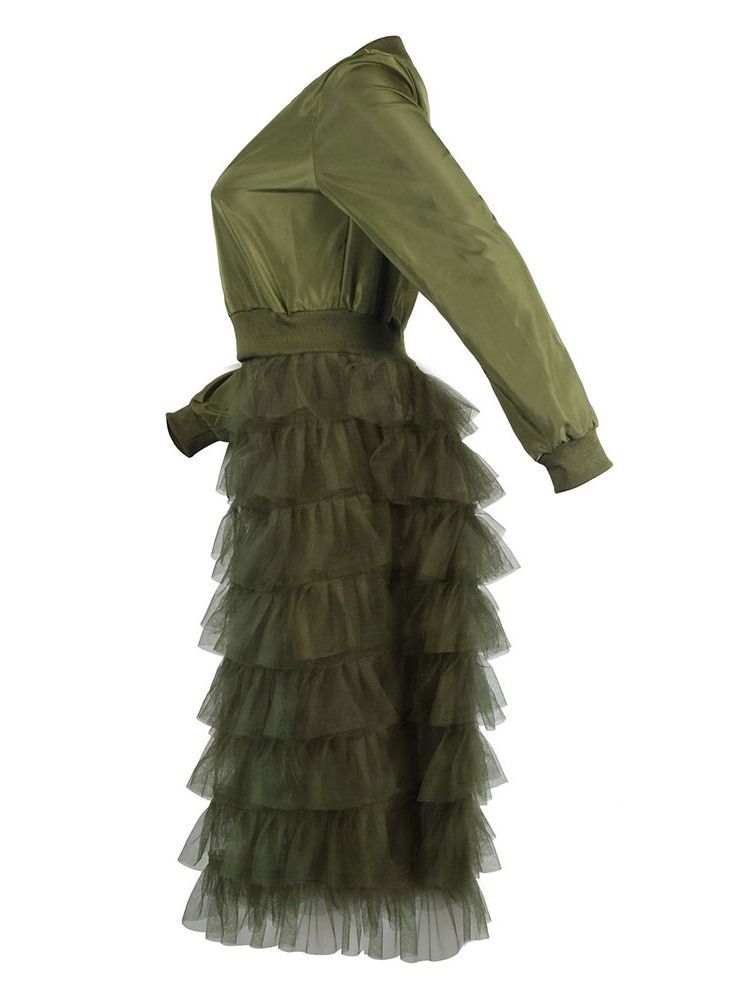 Mesh Glidelås Stativ Krage Fjær Hemline Peplum Trenchcoat