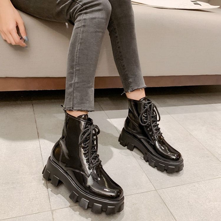 Pu Lace-up Front Round Toe Toe Dame Støvler