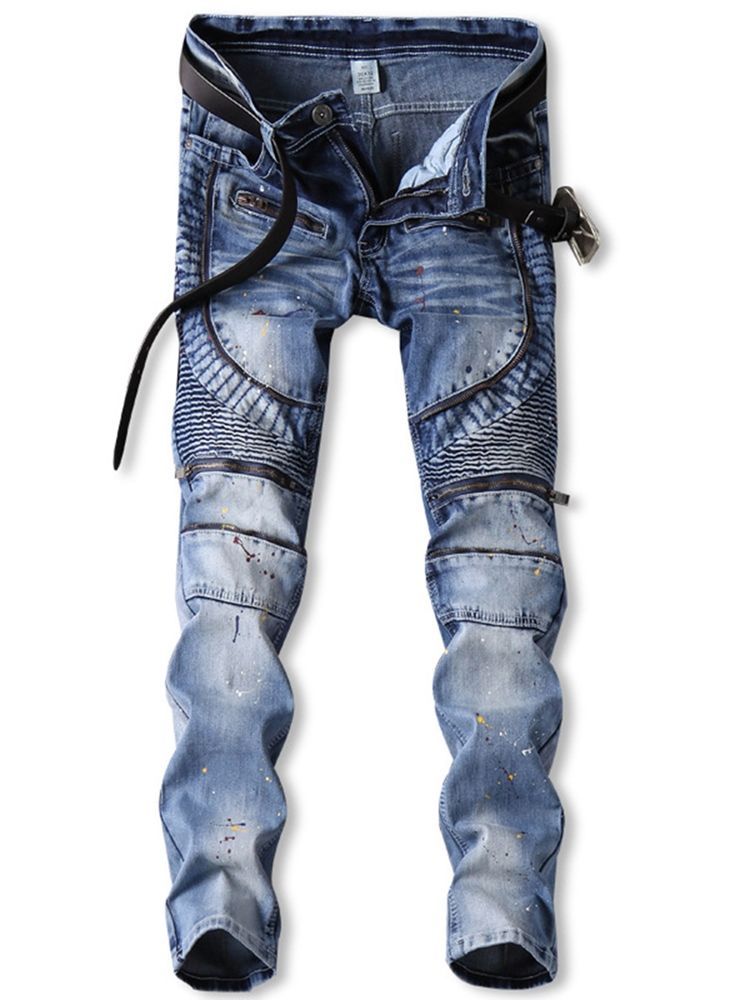 Color Block Denim Zip Mid-waist Unique Herre Bukser
