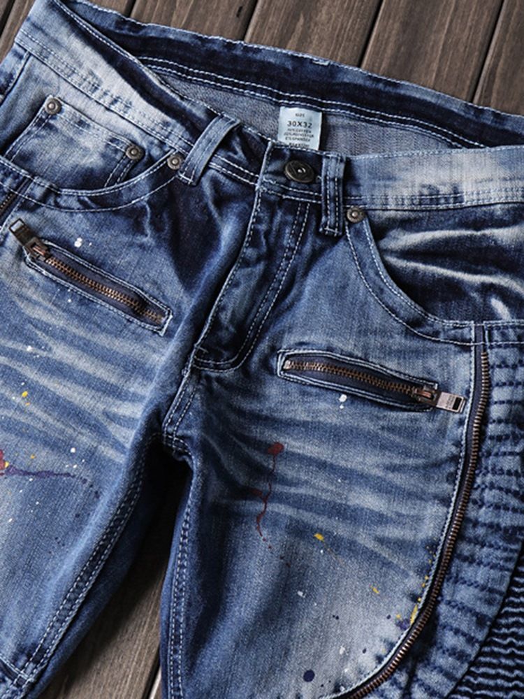 Color Block Denim Zip Mid-waist Unique Herre Bukser