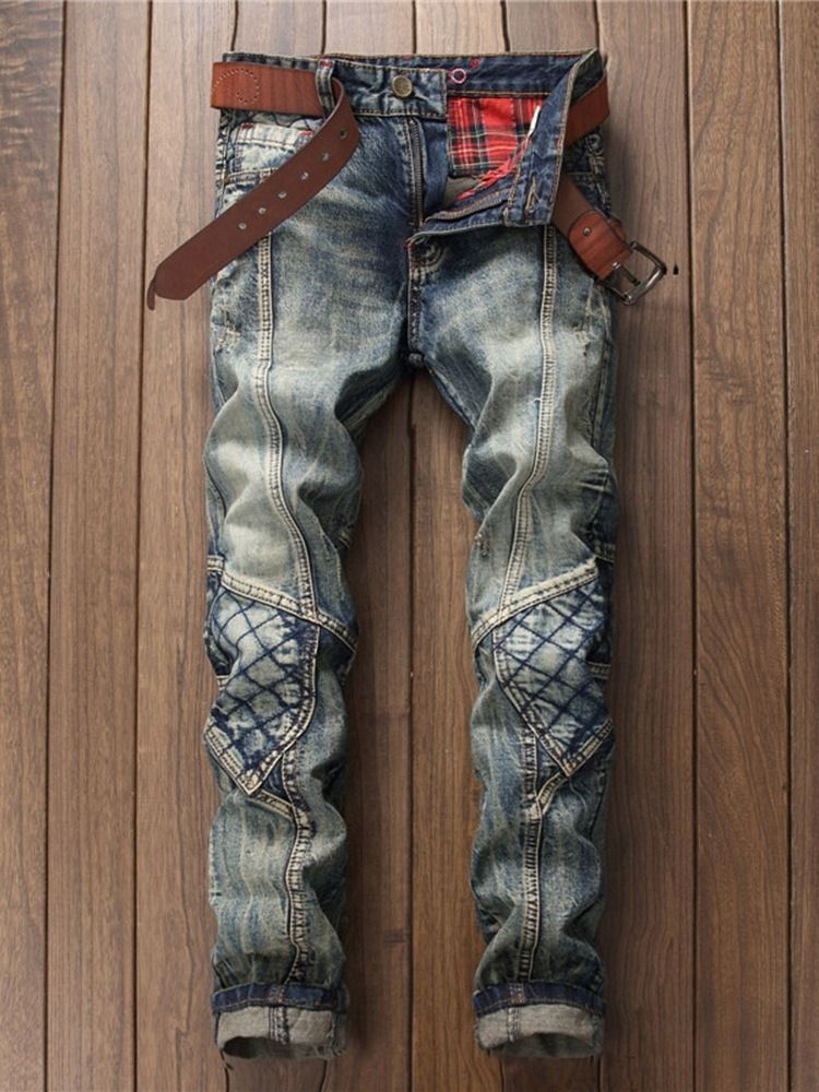 Color Block Straight Button Vintage Mid Waist Herre Jeans