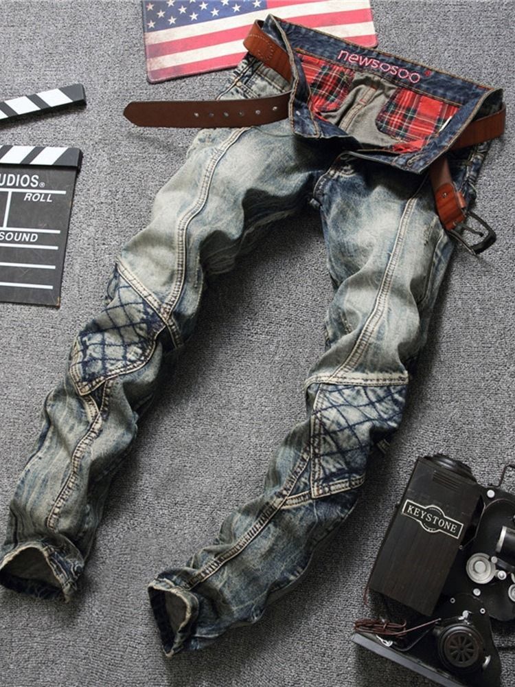 Color Block Straight Button Vintage Mid Waist Herre Jeans