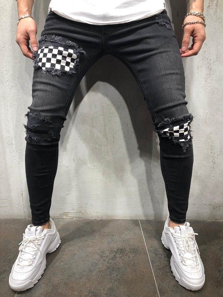 Color Block Thin Mens Glidelås Jeans