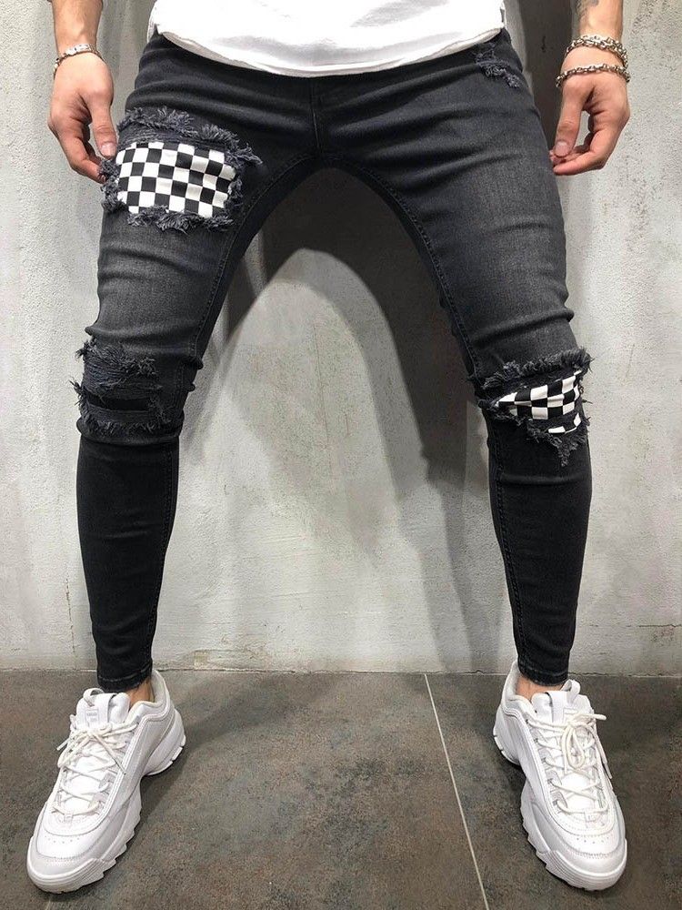 Color Block Thin Mens Glidelås Jeans