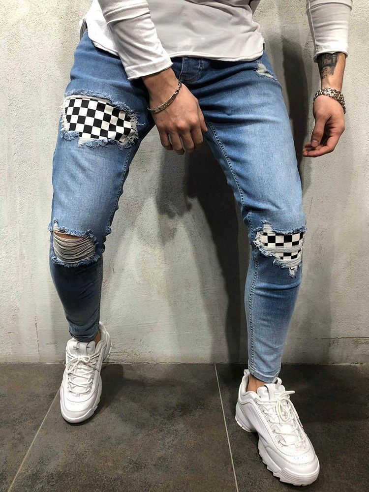 Color Block Thin Mens Glidelås Jeans