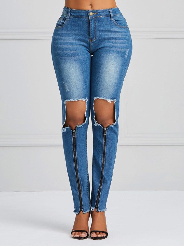 Hole Zipper Skinny Jeans For Kvinner