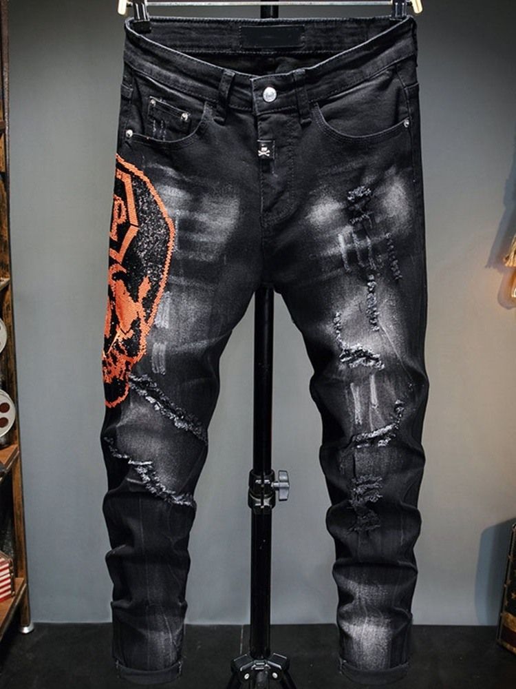 Letter Wurns Pencil Pants European Zipper Herre Jeans
