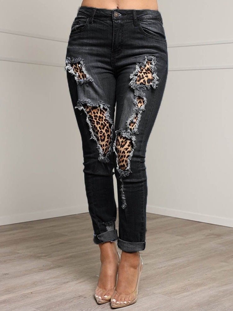 Patchwork Leopard Pencil Pants Glidelås Slim Jeans For Kvinner