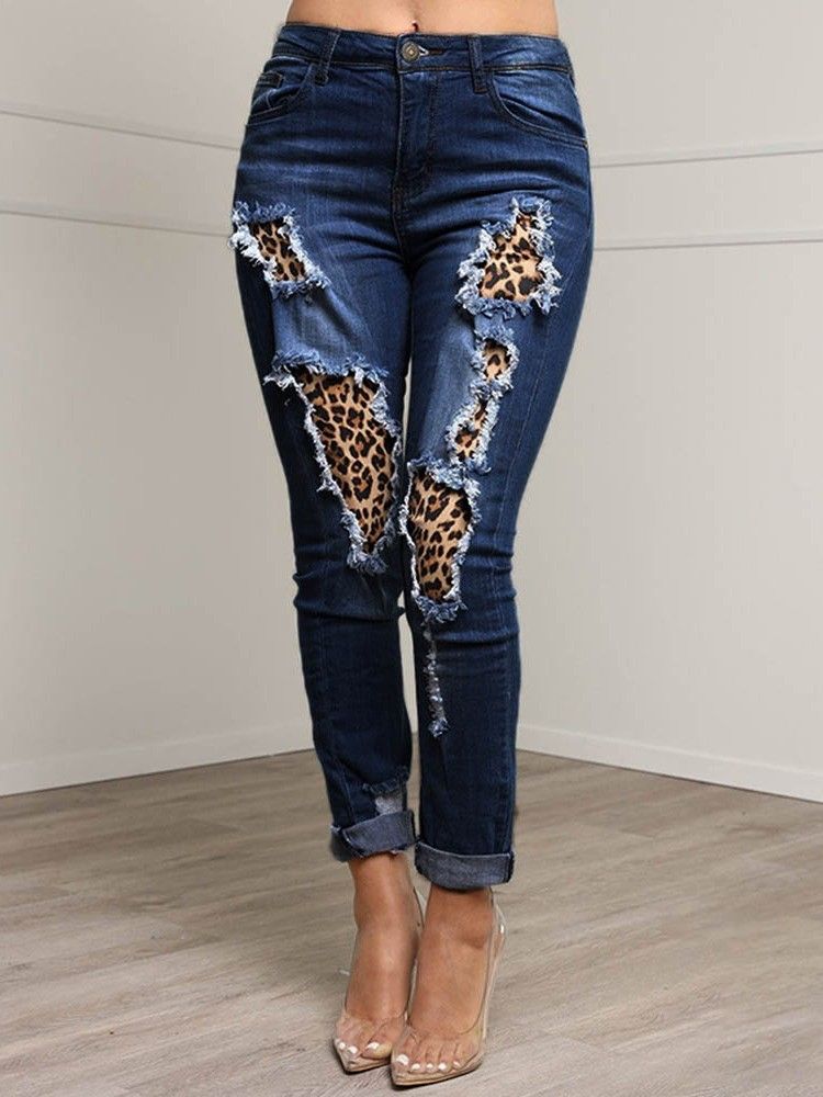 Patchwork Leopard Pencil Pants Glidelås Slim Jeans For Kvinner