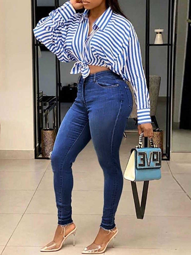 Pencil Pants Washable Plain High Waist Zipper Dame Jeans