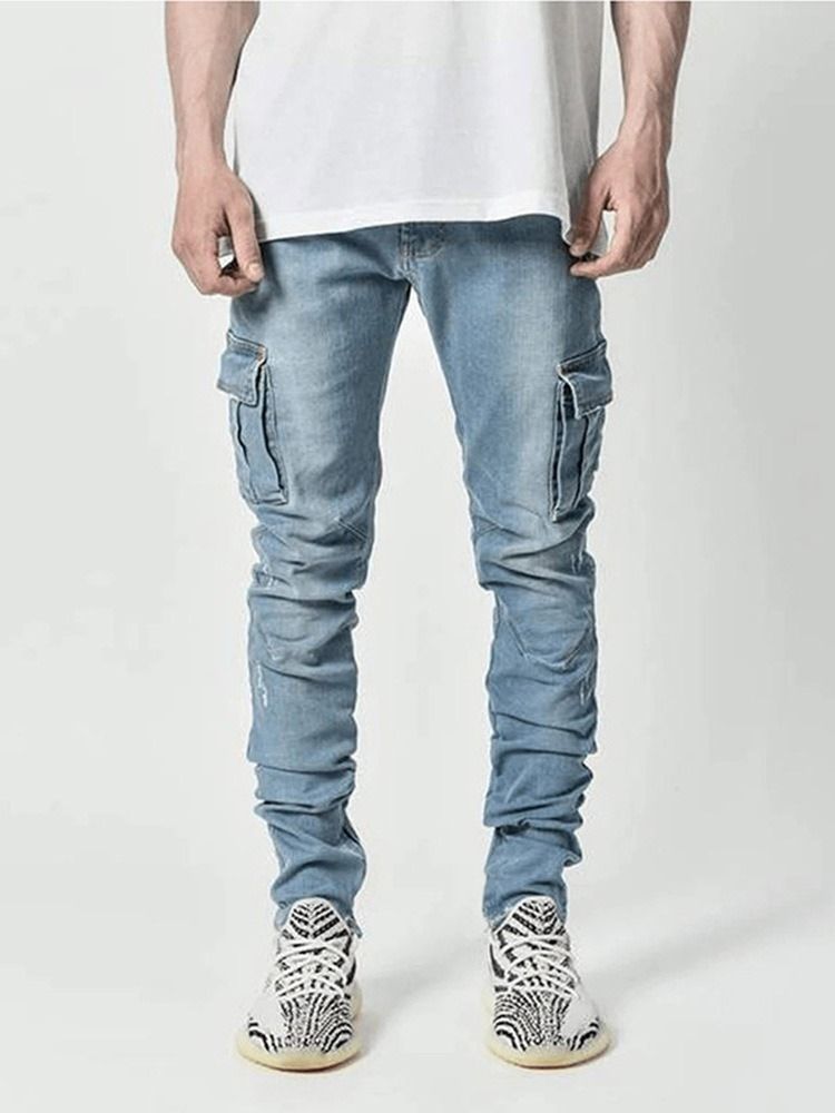 Vanlige Blyantbukser Pocket Casual Mid Waist Herre Jeans