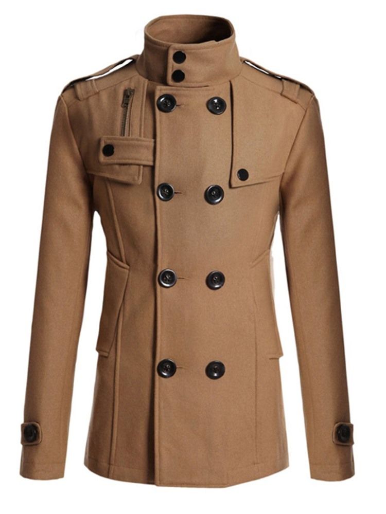 Plain Double-breasted Stand Collar Peacoat For Menn