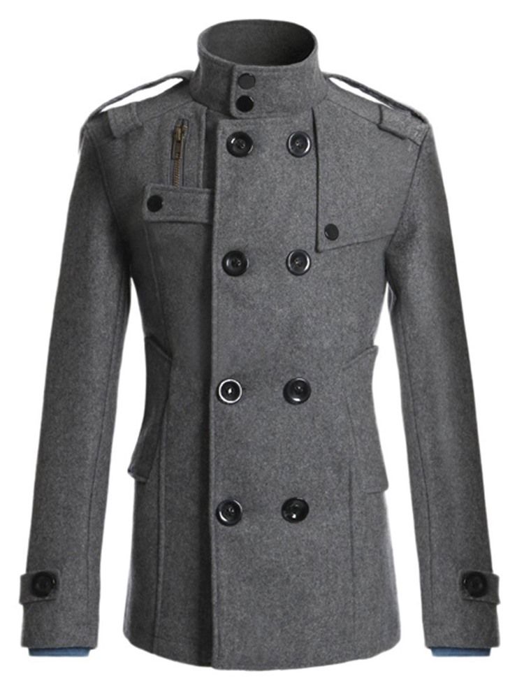 Plain Double-breasted Stand Collar Peacoat For Menn