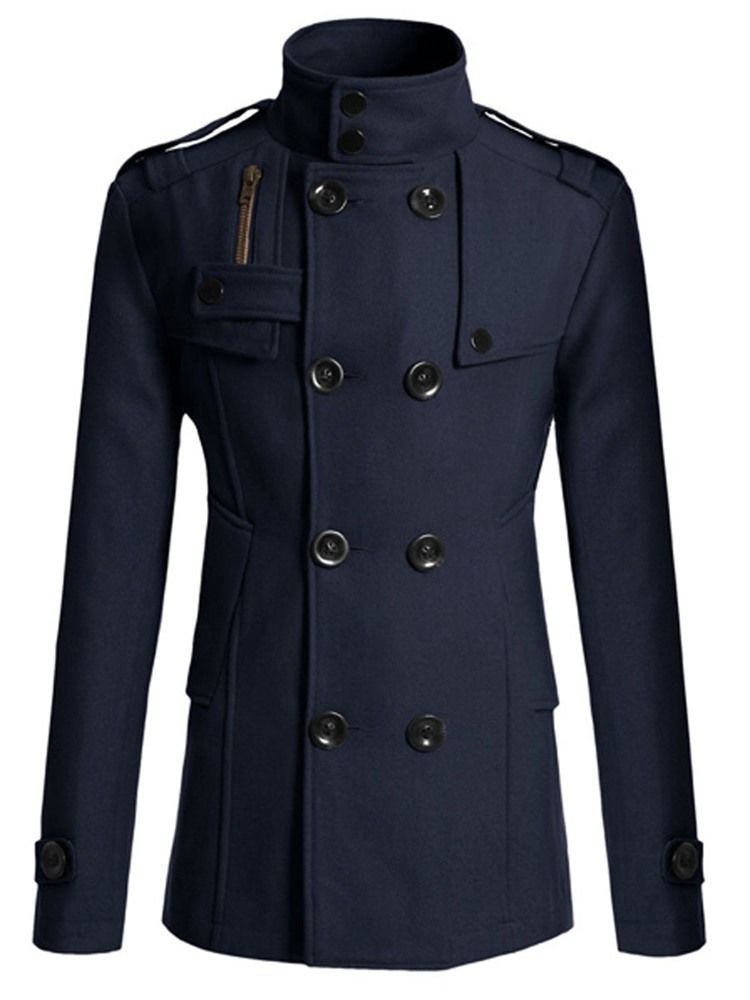 Plain Double-breasted Stand Collar Peacoat For Menn