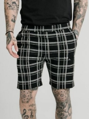 Pocket Plaid Straight Elastics Menns Casual Shorts