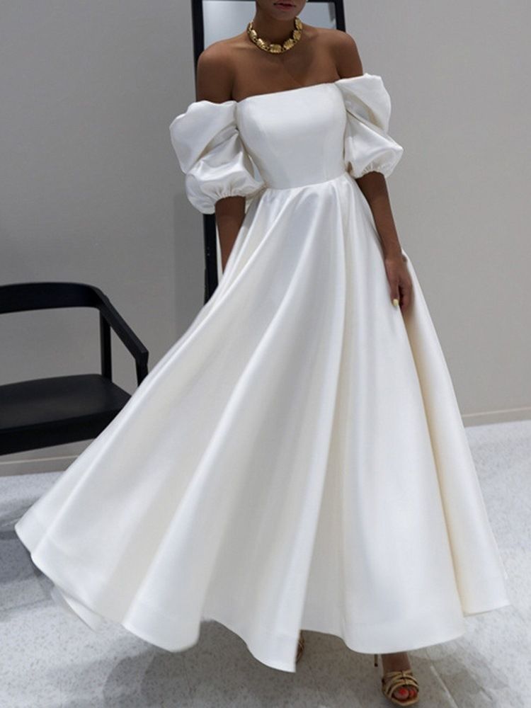 Kvinner Off Shoulder Halv Erme Gulvlengde Utvidelse Vanlig Maxi Hvit Kjole