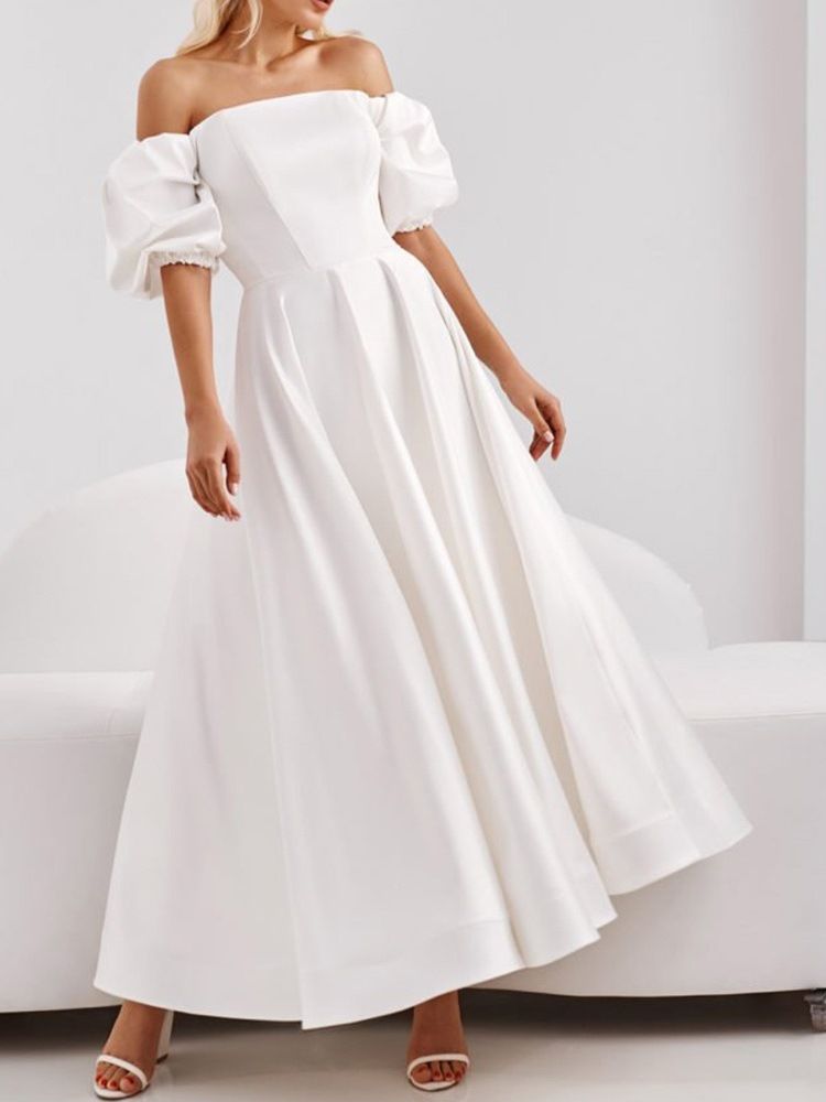 Kvinner Off Shoulder Halv Erme Gulvlengde Utvidelse Vanlig Maxi Hvit Kjole