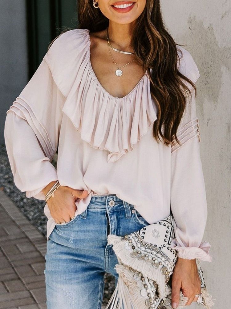 Falbala Plain Standard Langermet Bluse For Kvinner