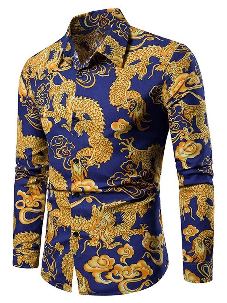 Print European Lapel Single-breasted Herre Shirt