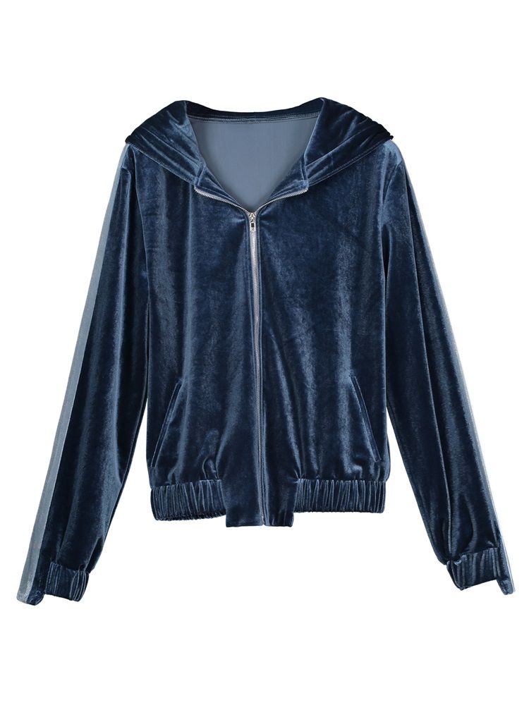 Loose Hooded Plain Zipper Dame Jacket